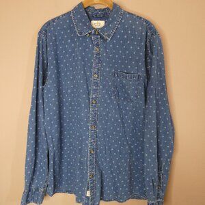 Marine Layer Men's L Chambray Button Up Shirt 100% Cotton Geo Print Long Sleeve